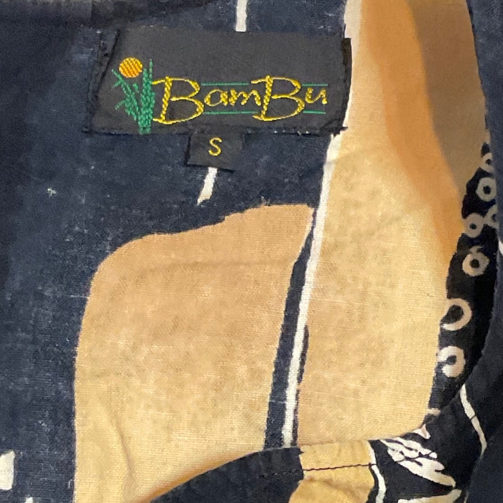 BAMBU women's top cotton linen black brown ruffle abstract geo print boho small - Picture 3 of 10